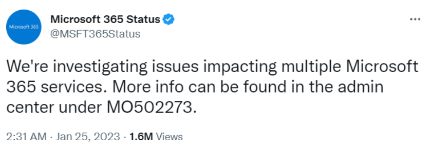 January 25 2023 Microsoft Outage Twitter Message