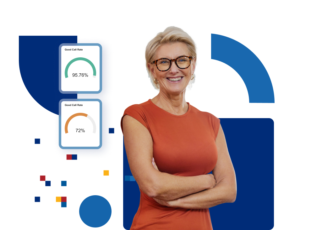 Smiling woman with blonde hair and glasses wearing a red shirt. She is standing in front of graphics that display information about call quality, including a 95.76% "Good Call Rate" and a 72% "Good Call Rate".