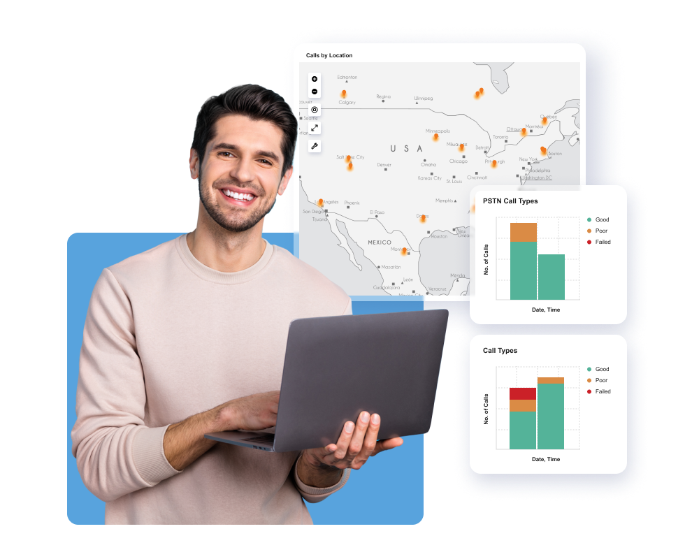 Man smiling and holding a laptop in front of a Vantage DX status map and chart showing data on PSTN call types by location and time.