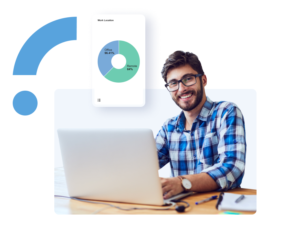 Smiling man with glasses and a plaid shirt working on a laptop in an office environment. There is a pie chart in the background displaying the breakdown of employees' work locations, with 96.41% working in an office and 3.59% working remotely.