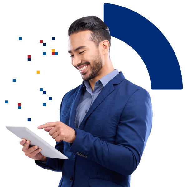 Smiling man in a blue suit using a tablet, with abstract digital and geometric graphics in the background.